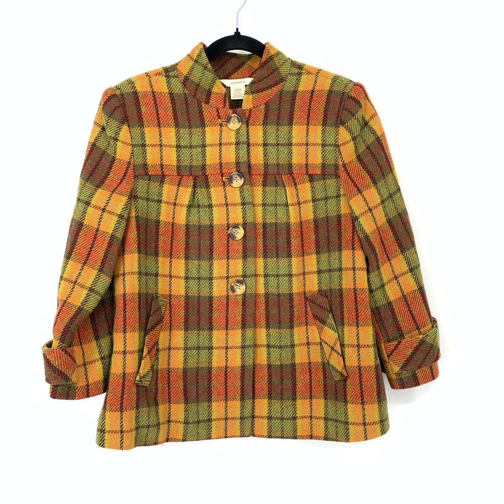 Sundance Plaid Wool Blend Jacket Womens Sz S Orange Green Button Front Fall Coat
